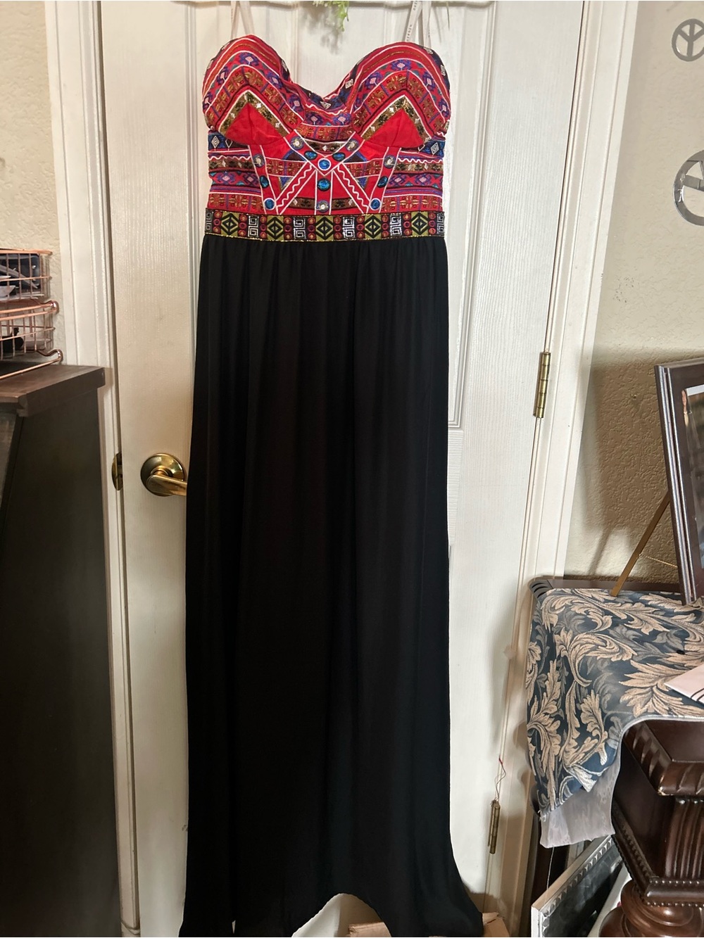 Soieblu Strapless Black Maxi Dress with Red & Multicolor Embroidered Bodice.
